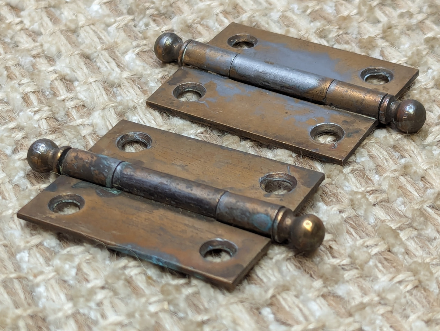 1  9/16" x 1  15/16" Pair Of Antique Steel Brass Plated Cabinet Door Hinges