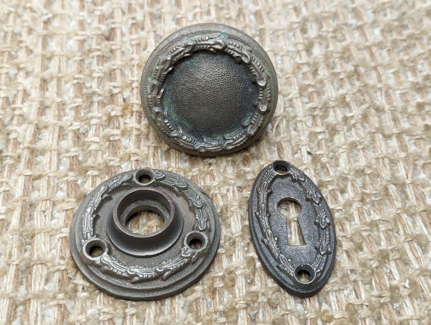 Antique Nickel Plated Cast Brass Reading "Larello" Door Knob, Rosette & Key Hole Cover Circa 1931