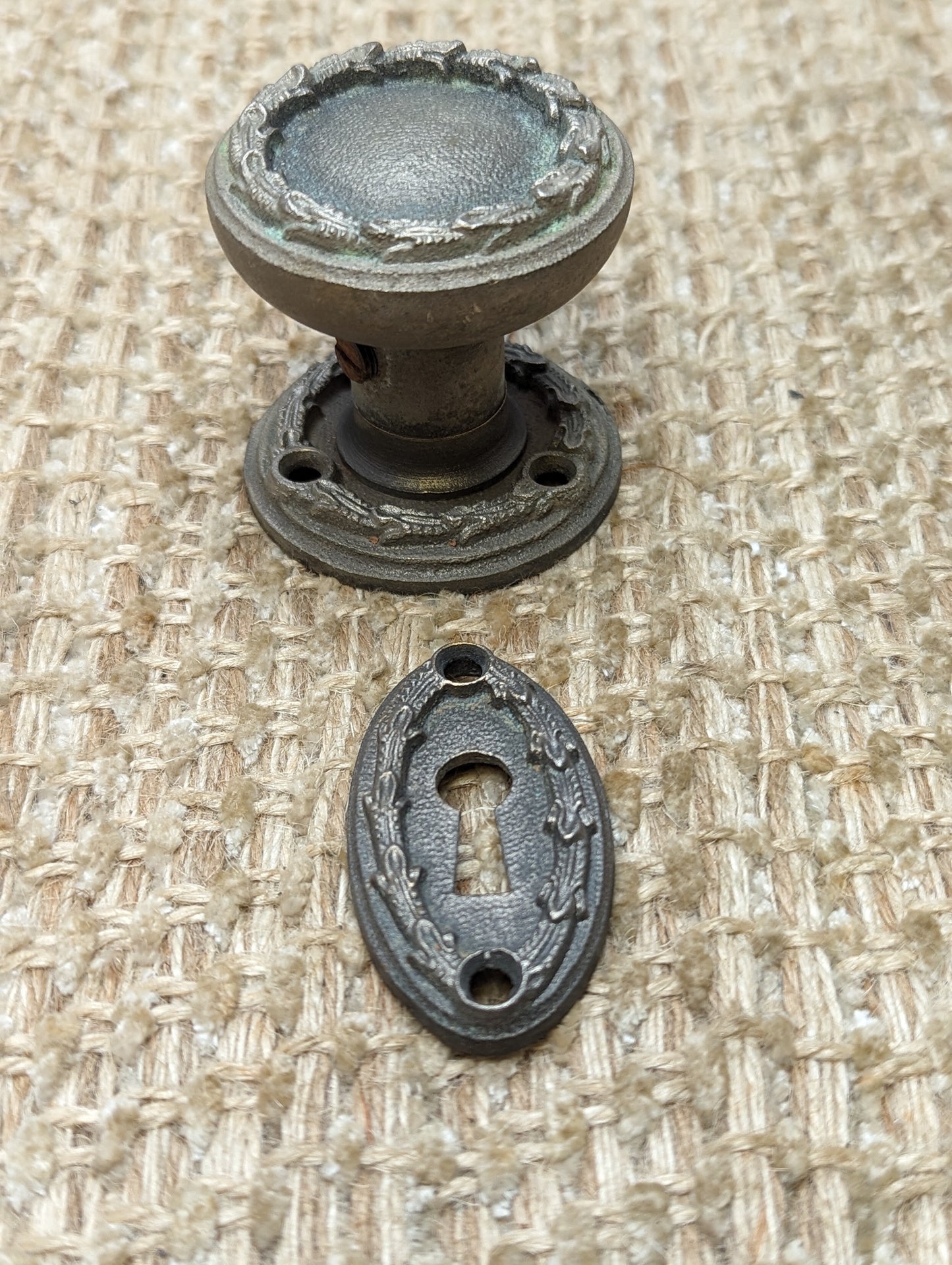 Antique Nickel Plated Cast Brass Reading "Larello" Door Knob, Rosette & Key Hole Cover Circa 1931