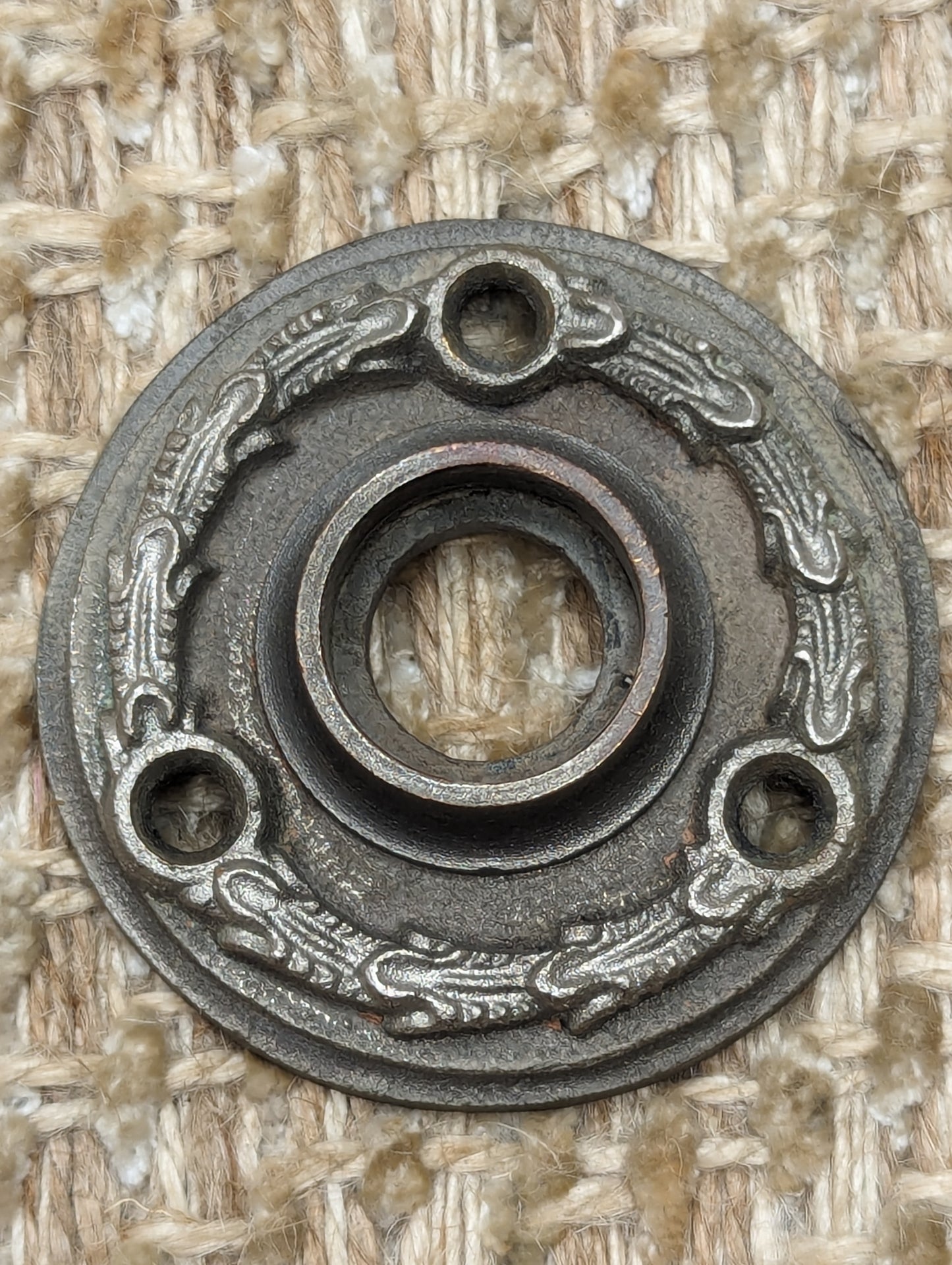 Antique Nickel Plated Cast Brass Reading "Larello" Door Knob, Rosette & Key Hole Cover Circa 1931