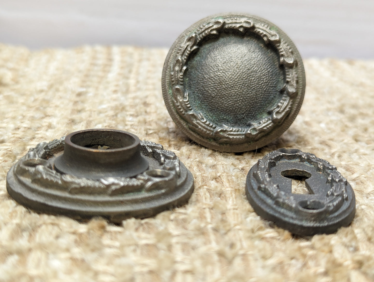 Antique Nickel Plated Cast Brass Reading "Larello" Door Knob, Rosette & Key Hole Cover Circa 1931