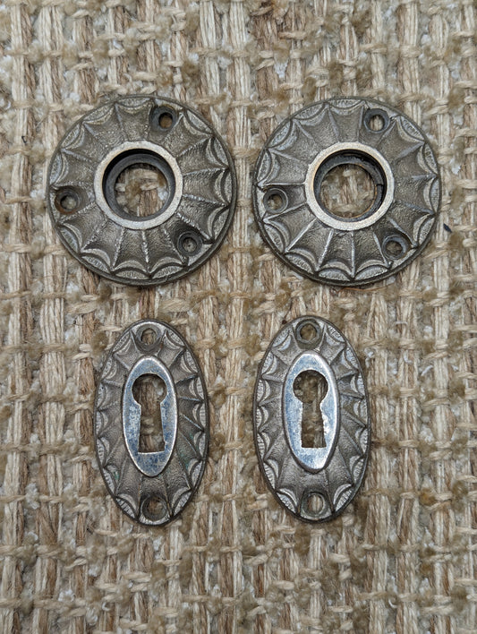 1 7/8" Antique Penn "Avon" #502 Cast Bronze Nickel Plated Rosette Escutcheon & Key Hole Cover Circa 1927