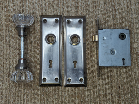 Vintage Interior Mortise Lock, Glass Door Knobs & Steel Door Knob Plates