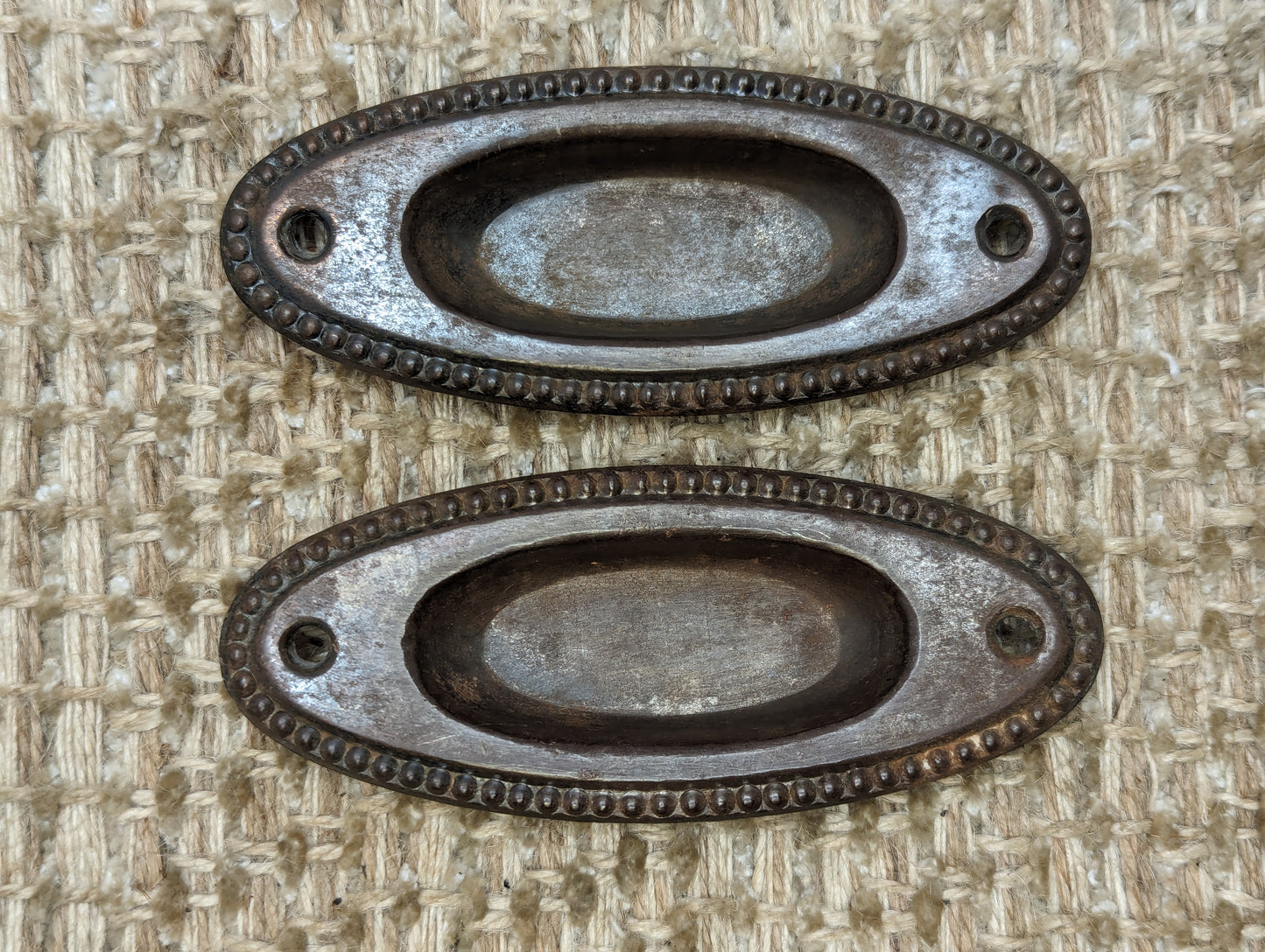 Pair Of Antique Decorative Stamped Steel Recessed Window Sash Lift Pull Hardware