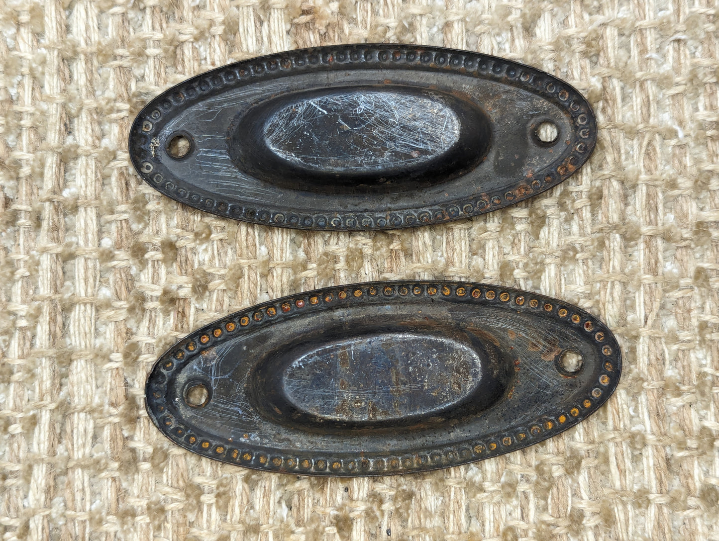 Pair Of Antique Decorative Stamped Steel Recessed Window Sash Lift Pull Hardware