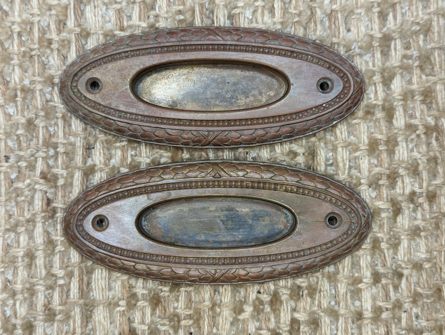 Pair Of Antique Decorative Stamped Brass Recessed Window Sash Lift Pull Hardware