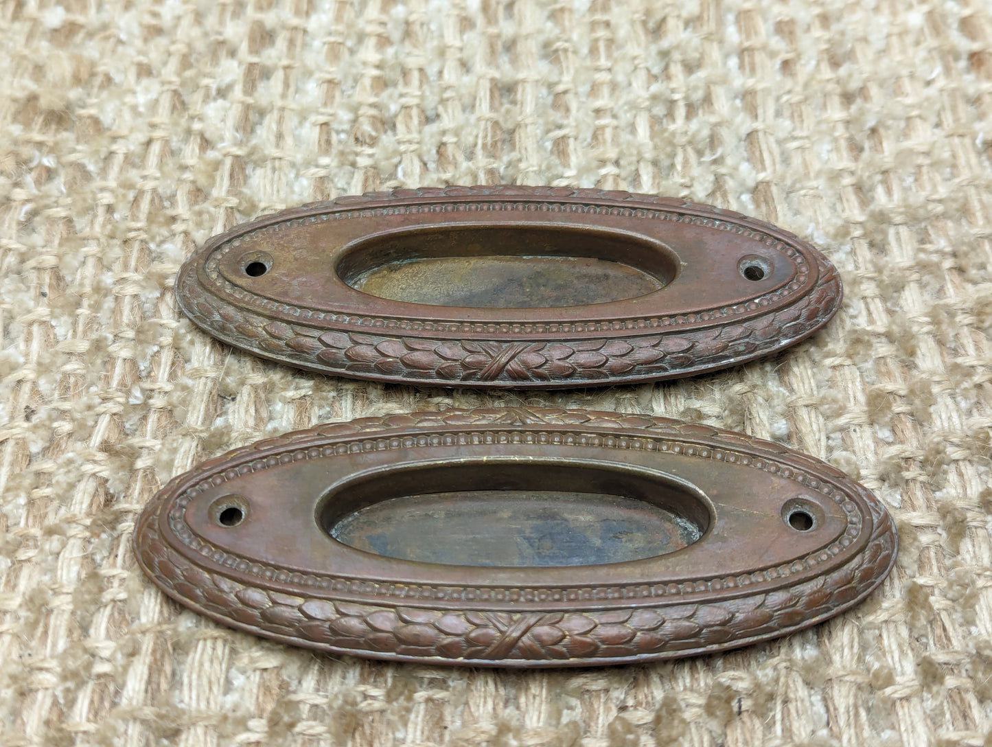 Pair Of Antique Decorative Stamped Brass Recessed Window Sash Lift Pull Hardware