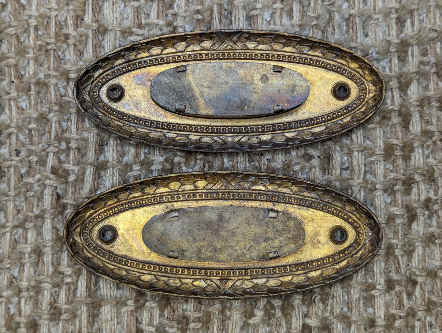 Pair Of Antique Decorative Stamped Brass Recessed Window Sash Lift Pull Hardware