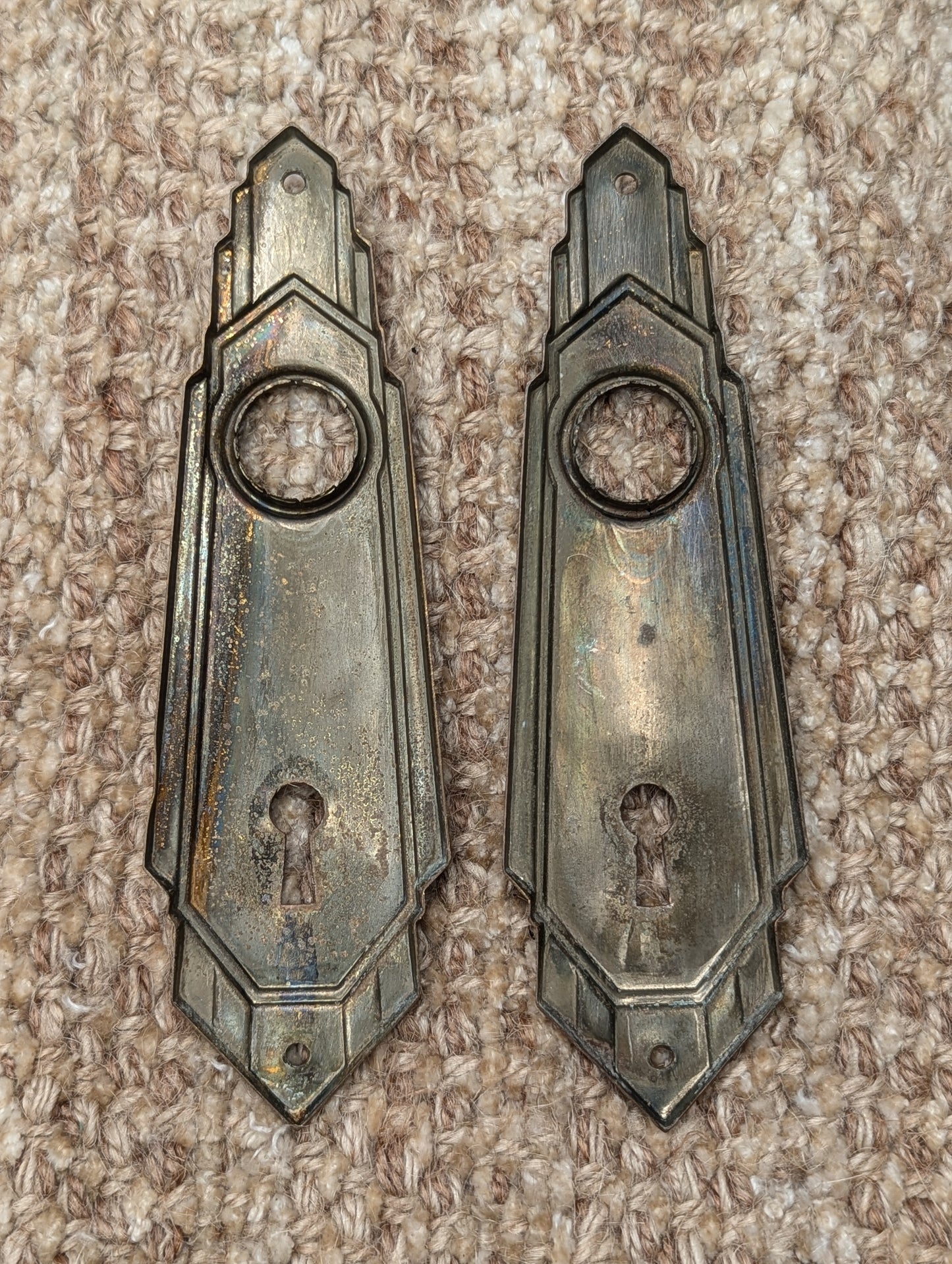 1 3/4" x 5 7/8" Pair Of Antique Stamped Brass Door Knob Plates