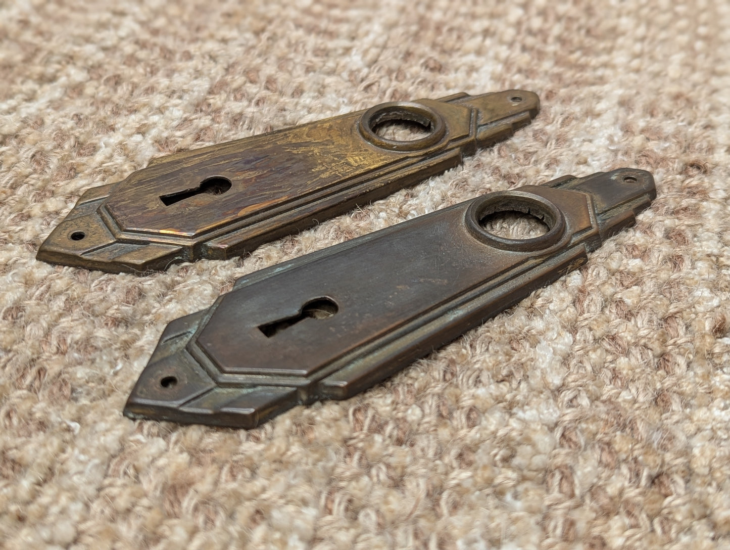 1 3/4" x 5 7/8" Pair Of Antique Stamped Brass Door Knob Plates