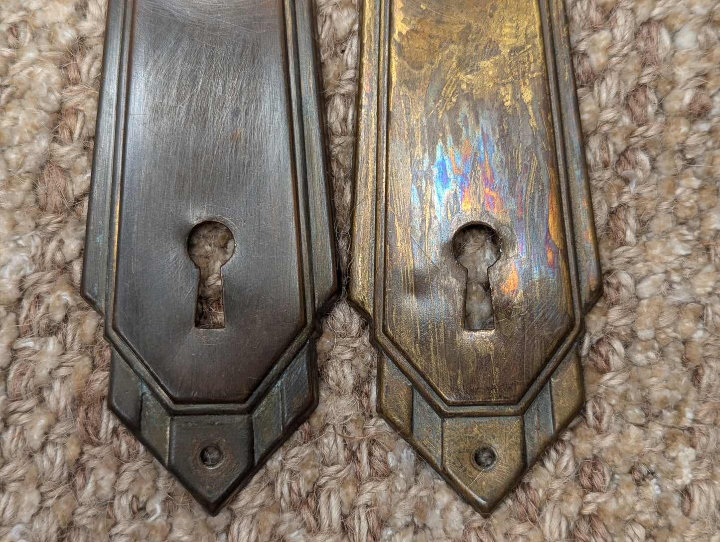 1 3/4" x 5 7/8" Pair Of Antique Stamped Brass Door Knob Plates