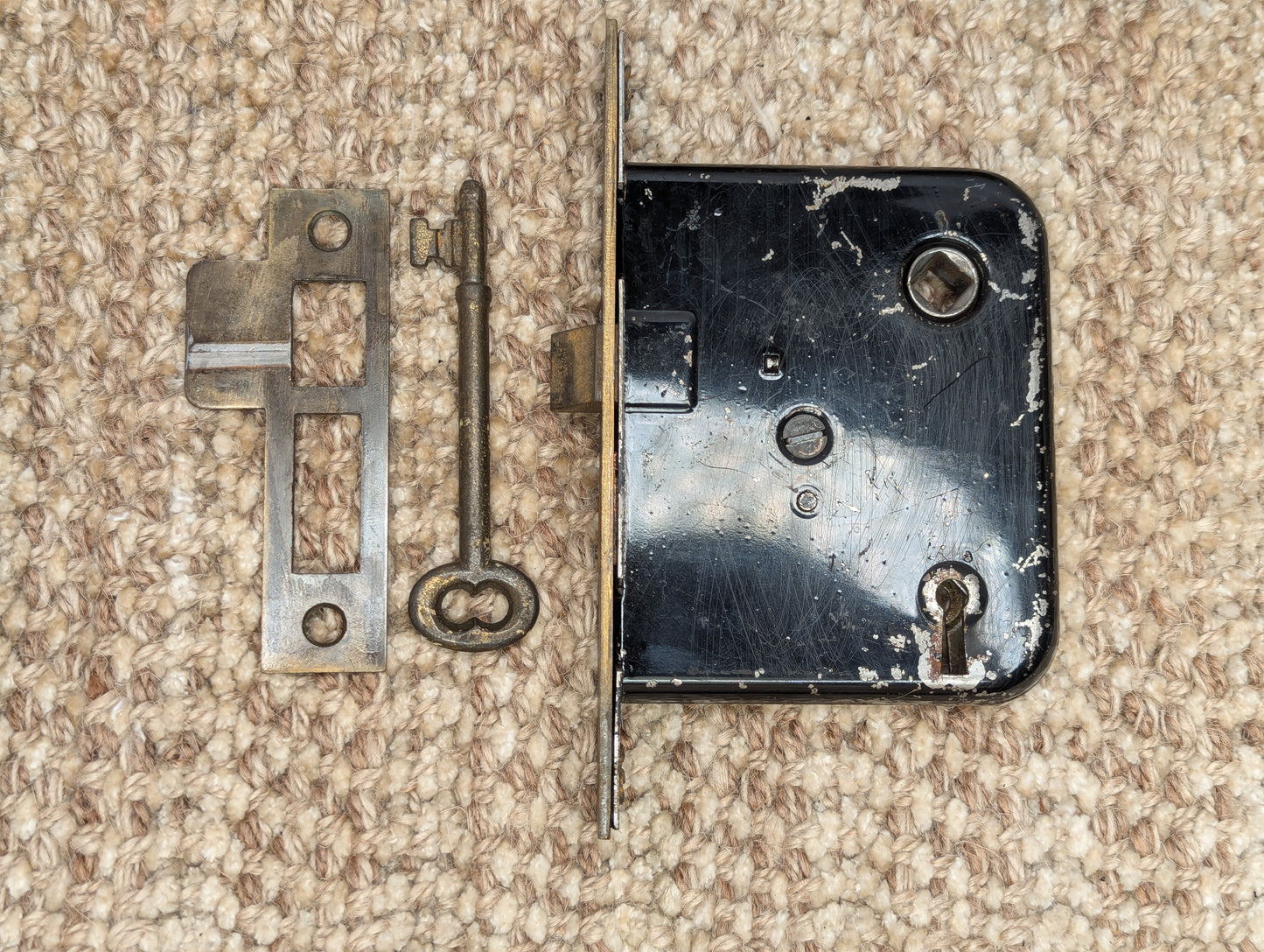 Antique Nashua/Lockwood Mortise Lock W/Key, Strike Plate, Brass Bronze Door Knobs & Door Knob Plates