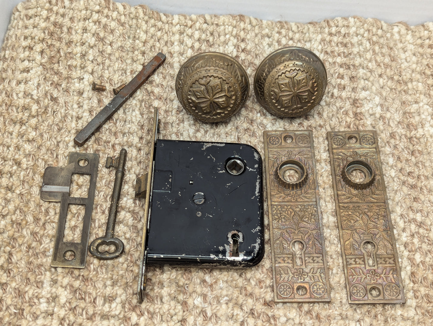 Antique Nashua/Lockwood Mortise Lock W/Key, Strike Plate, Brass Bronze Door Knobs & Door Knob Plates