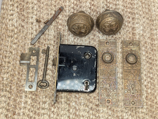 Antique Nashua/Lockwood Mortise Lock W/Key, Strike Plate, Brass Bronze Door Knobs & Door Knob Plates