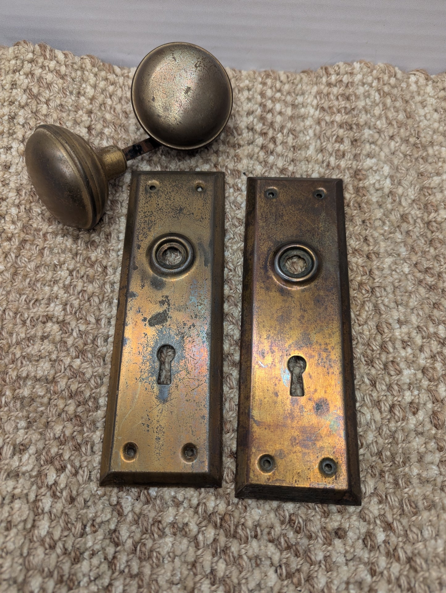 Antique Stamped Steel Door Knobs and Door Plates Set