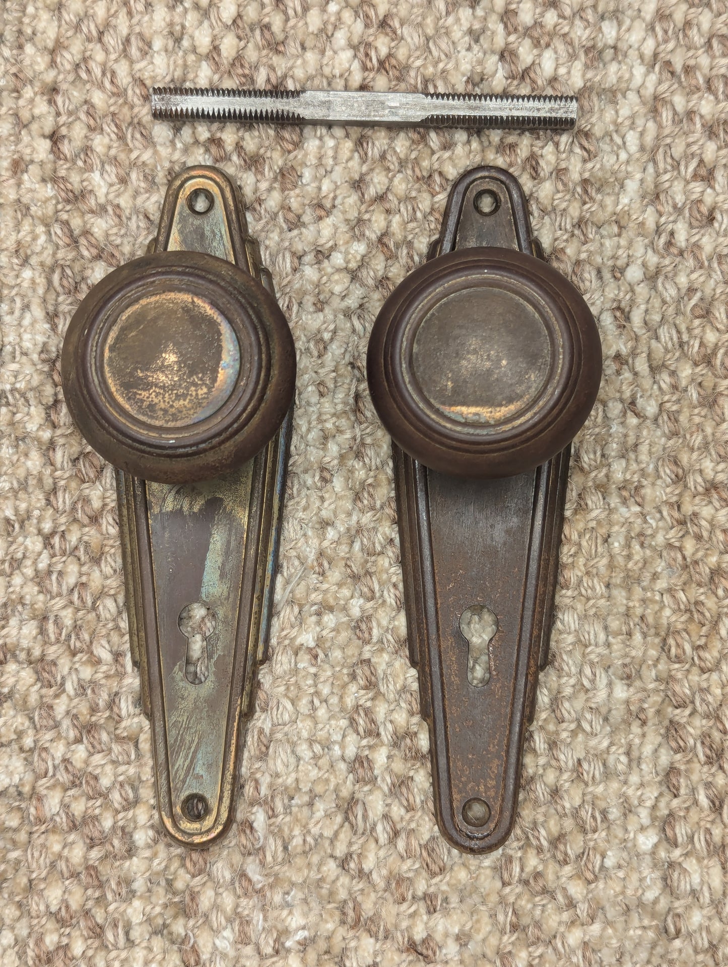 Antique Stamped Steel Door Knobs and Door Plates Set