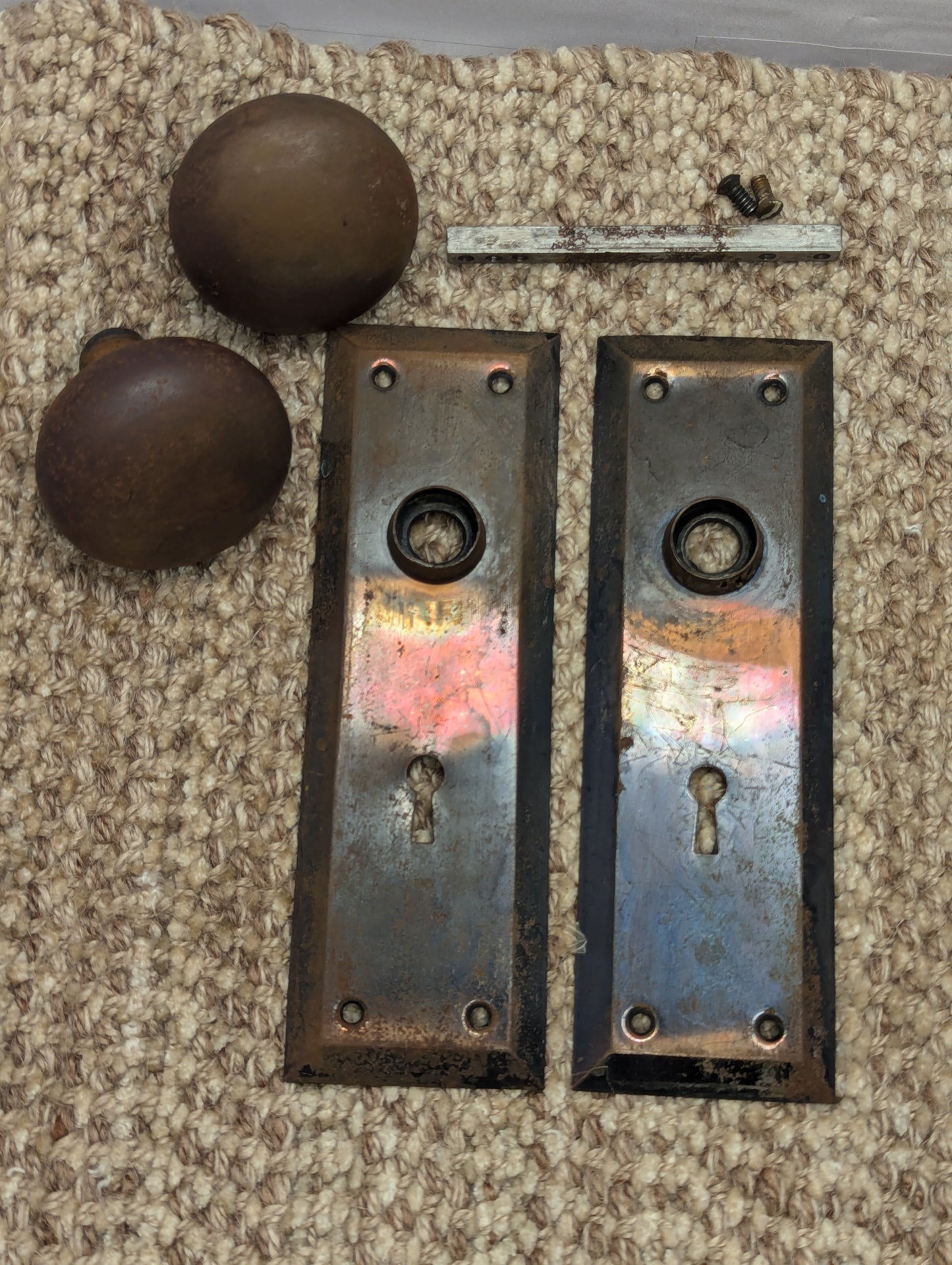 Antique Stamped Steel Door Knobs and Door Plates Set-Flashed Copper