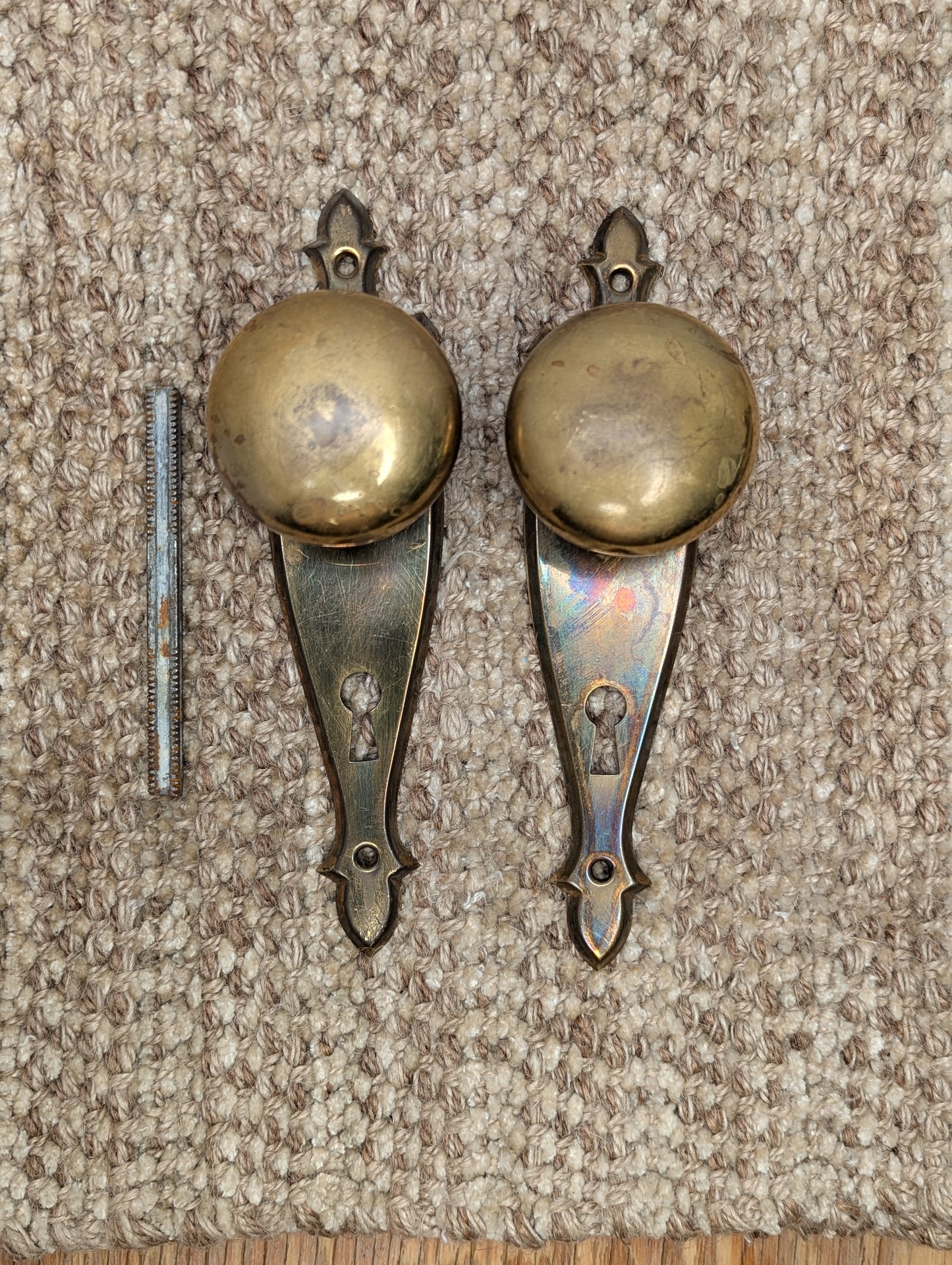 Antique Stamped Brass 2" Door Knobs and 2" x 7" Door Plates Set