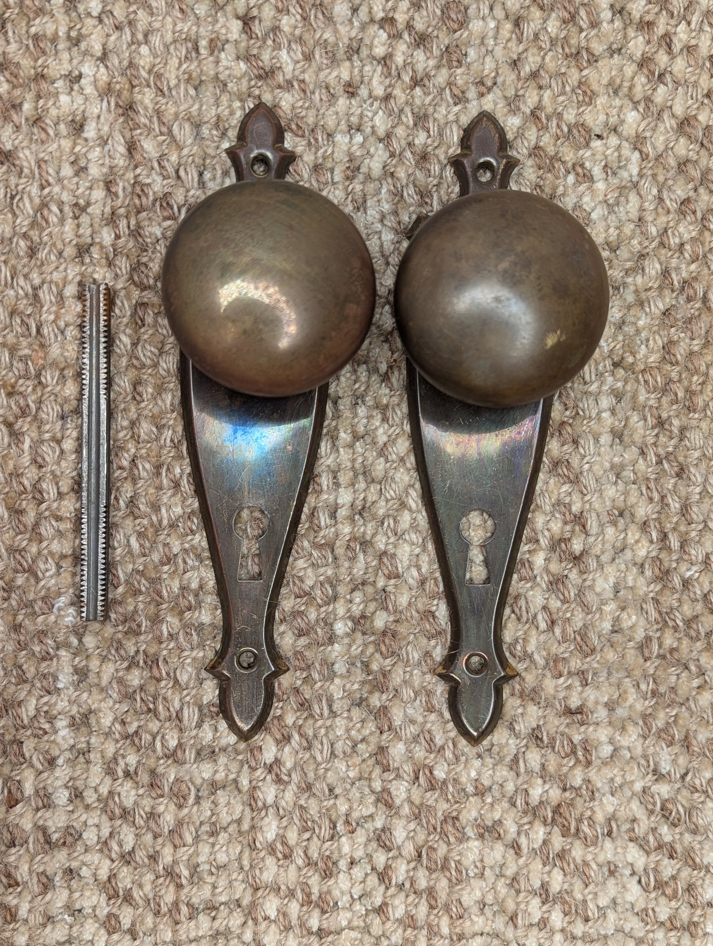 Antique Stamped Brass 2" Door Knobs and 2" x 7" Door Plates Set