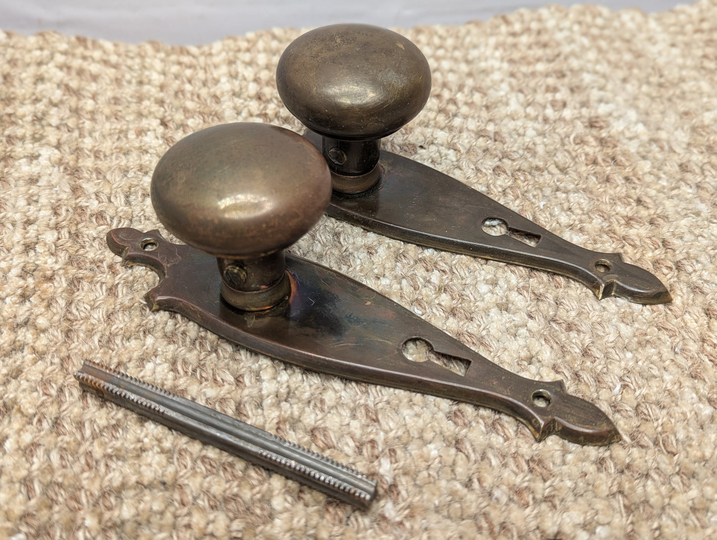 Antique Stamped Brass 2" Door Knobs and 2" x 7" Door Plates Set