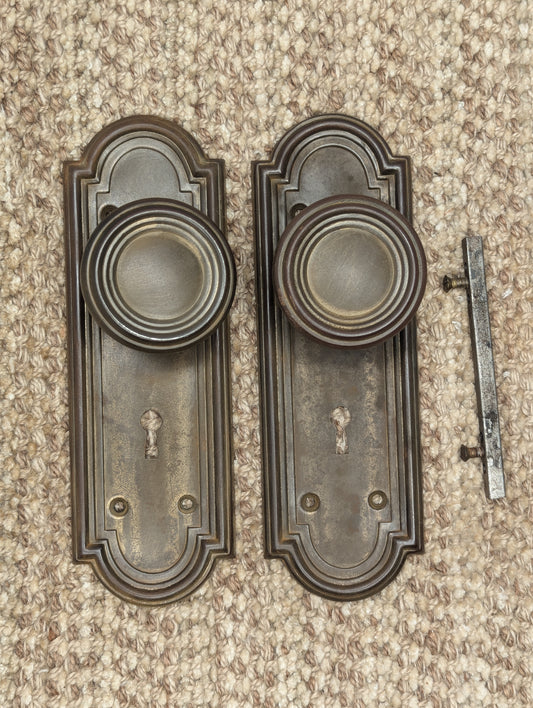 Antique Stamped Steel 2 1/4" Door Knobs and 2 5/8" x 7 7/8" Door Plates Set