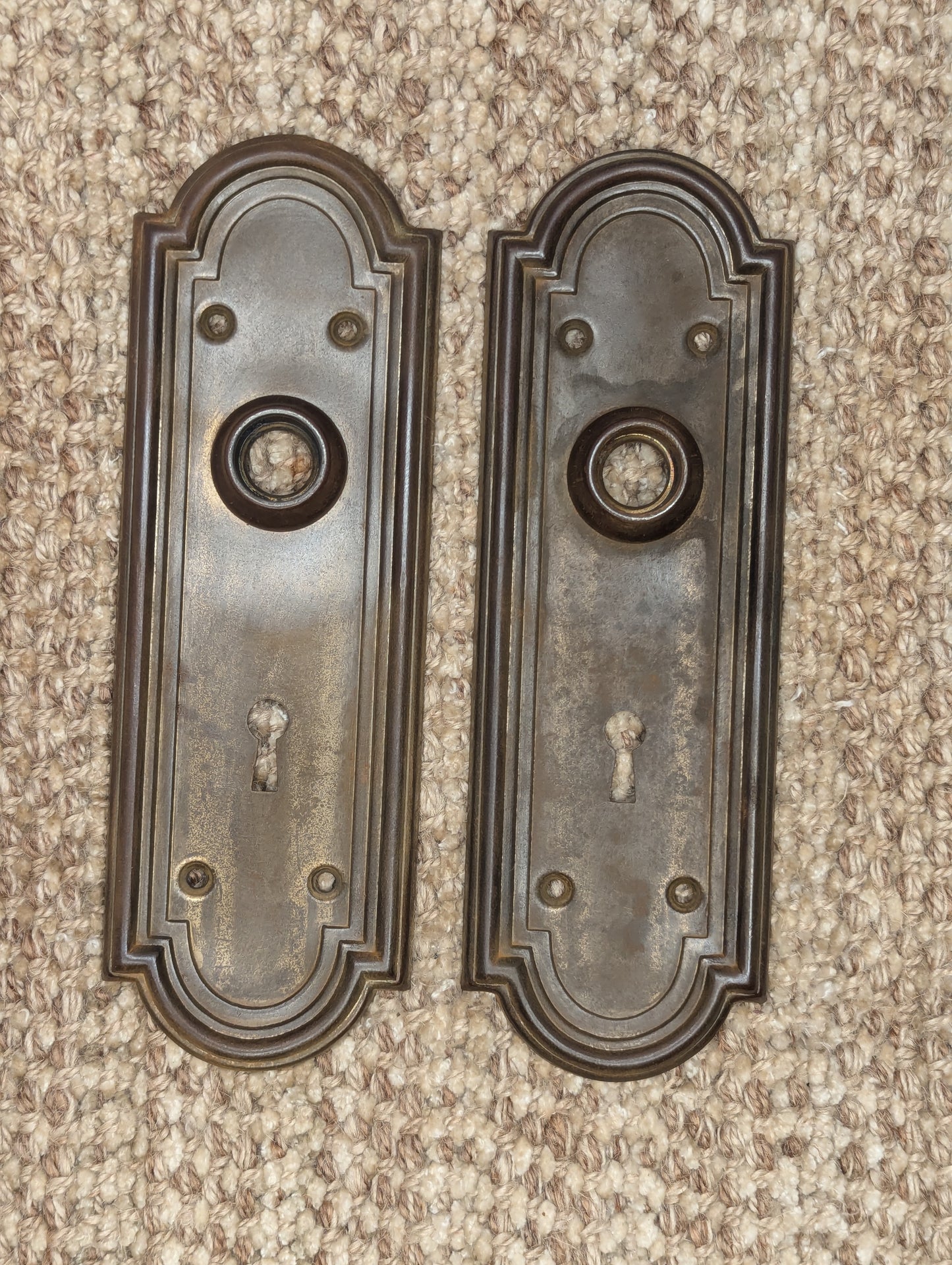 Antique Stamped Steel 2 1/4" Door Knobs and 2 5/8" x 7 7/8" Door Plates Set