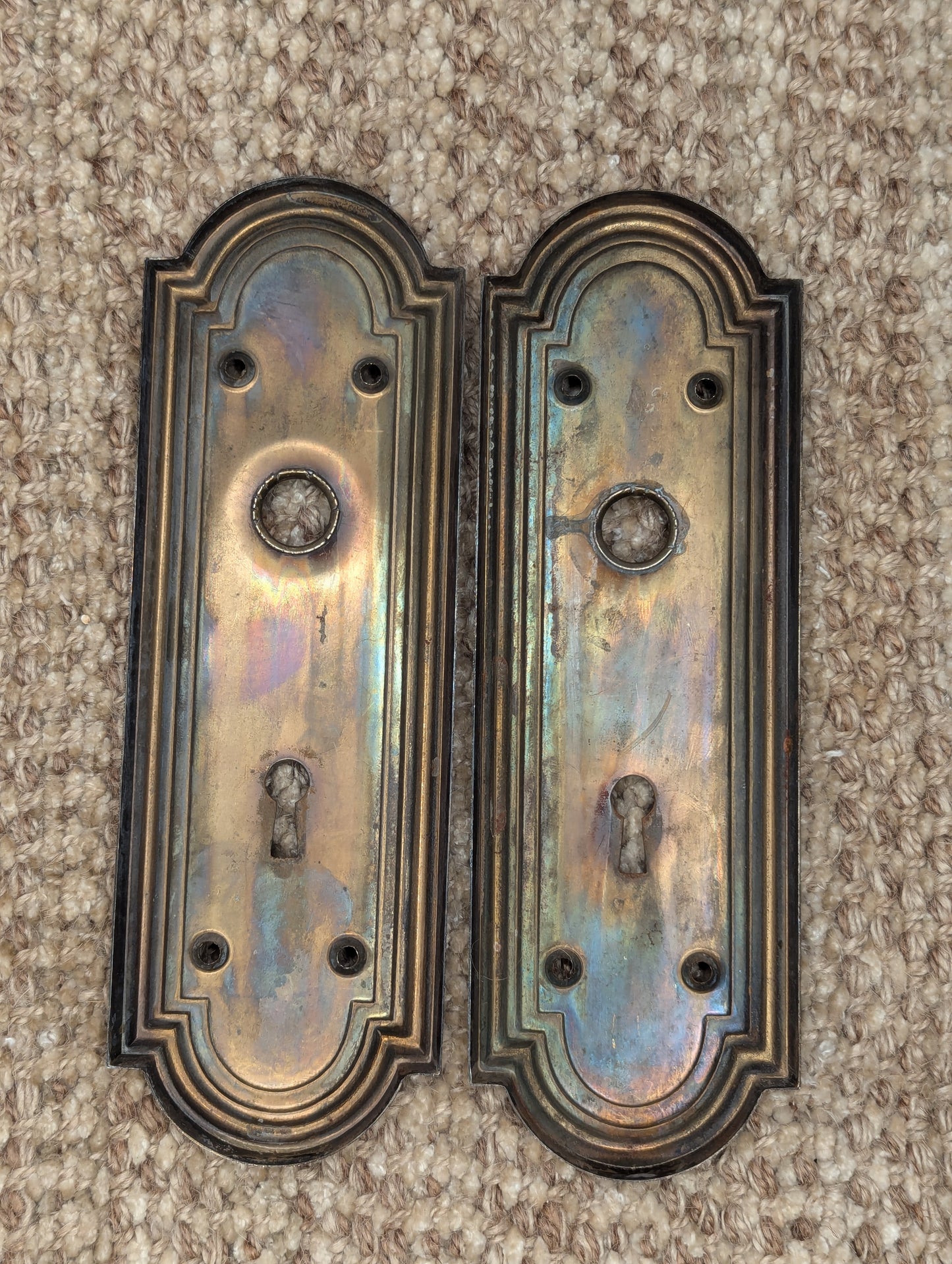 Antique Stamped Steel 2 1/4" Door Knobs and 2 5/8" x 7 7/8" Door Plates Set