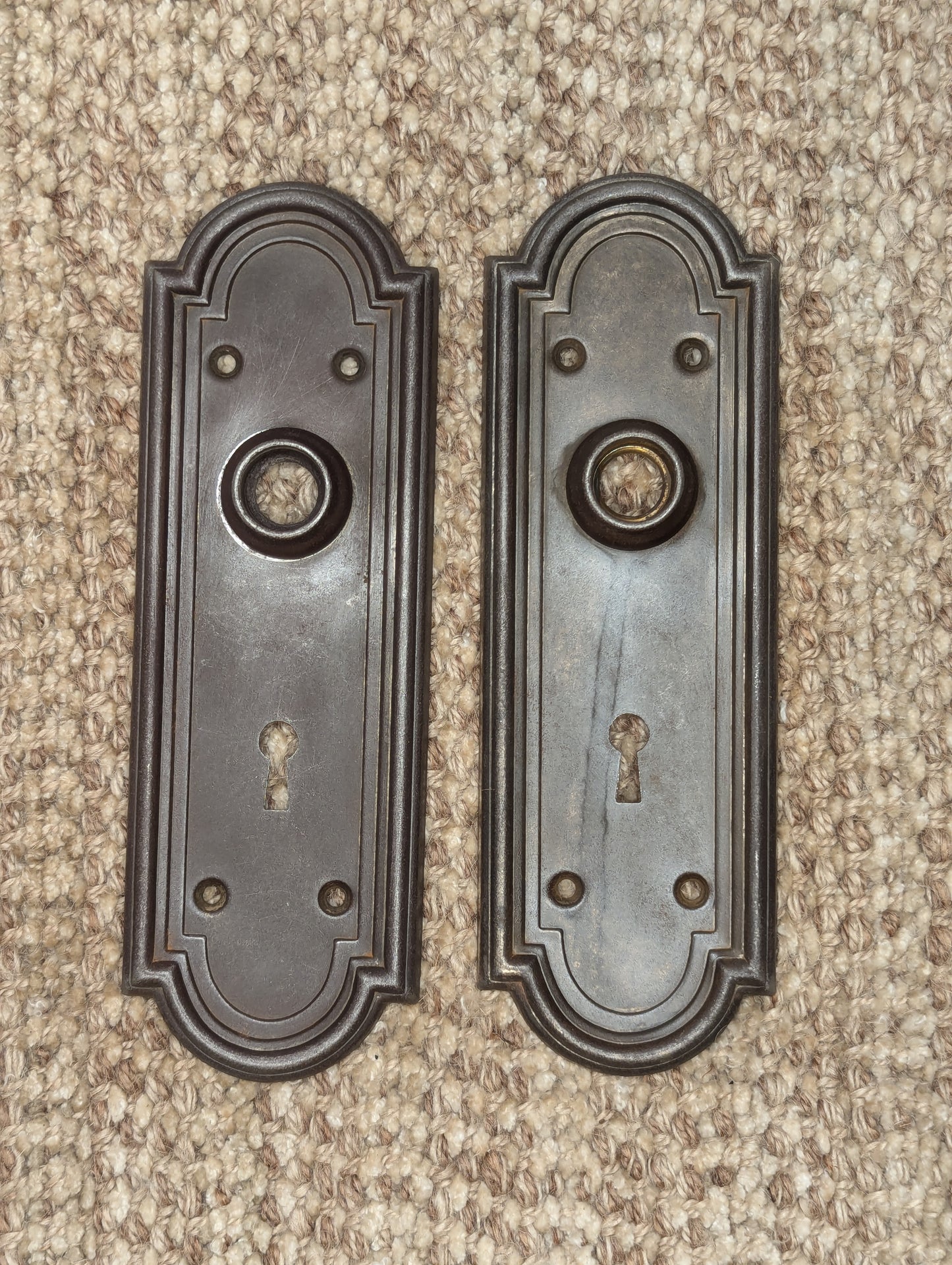 Pair Of Antique 2 5/8" x 7 7/8" Stamped Steel Door Knob Plate Hardware