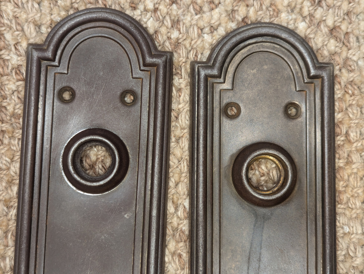 Pair Of Antique 2 5/8" x 7 7/8" Stamped Steel Door Knob Plate Hardware