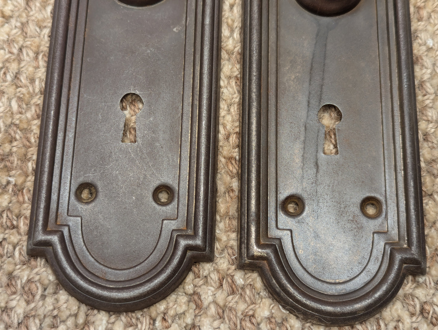 Pair Of Antique 2 5/8" x 7 7/8" Stamped Steel Door Knob Plate Hardware