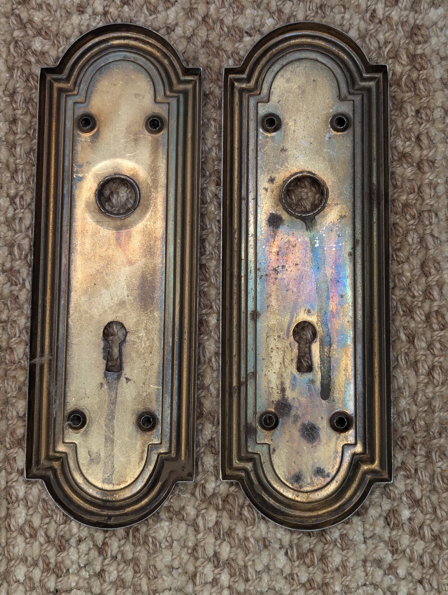 Pair Of Antique 2 5/8" x 7 7/8" Stamped Steel Door Knob Plate Hardware