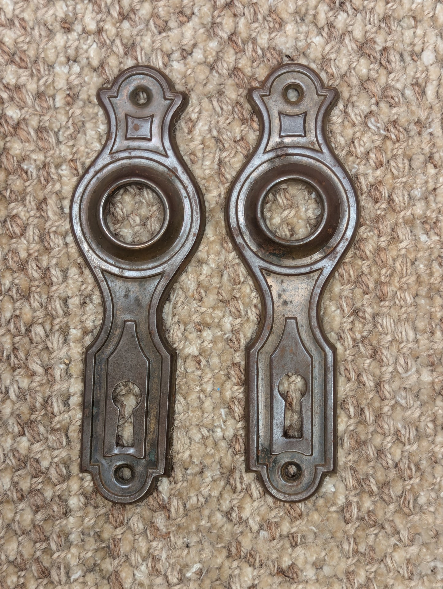 Pair Of Antique 1 11/16" x 5 7/16" Stamped Steel Door Knob Plate Hardware