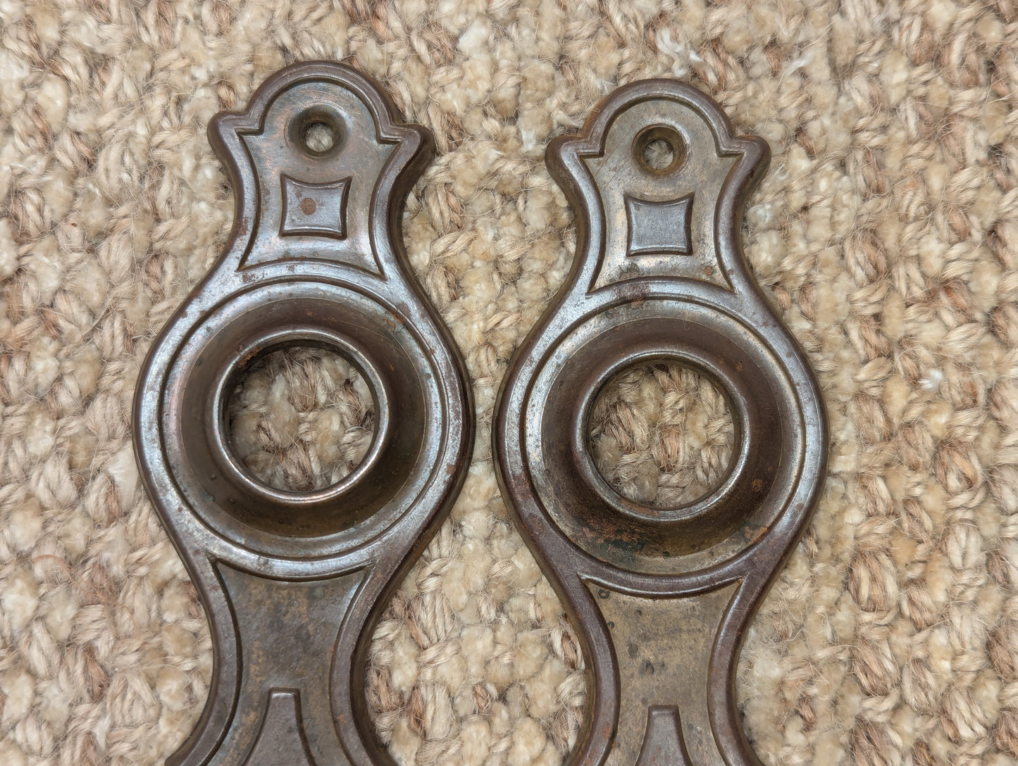 Pair Of Antique 1 11/16" x 5 7/16" Stamped Steel Door Knob Plate Hardware