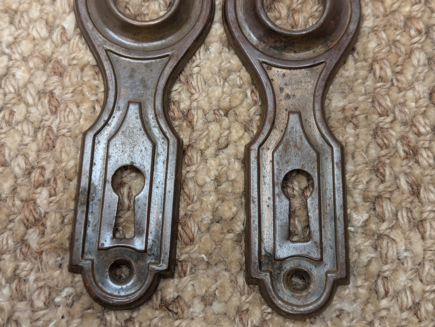 Pair Of Antique 1 11/16" x 5 7/16" Stamped Steel Door Knob Plate Hardware