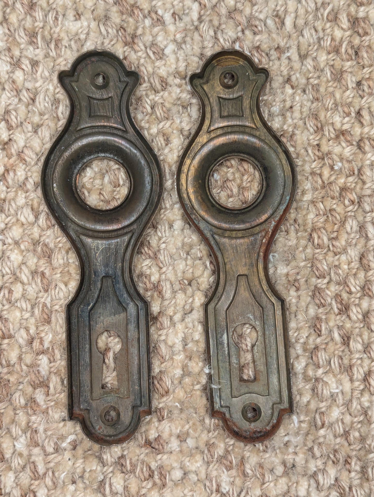 Pair Of Antique 1 11/16" x 5 7/16" Stamped Steel Door Knob Plate Hardware