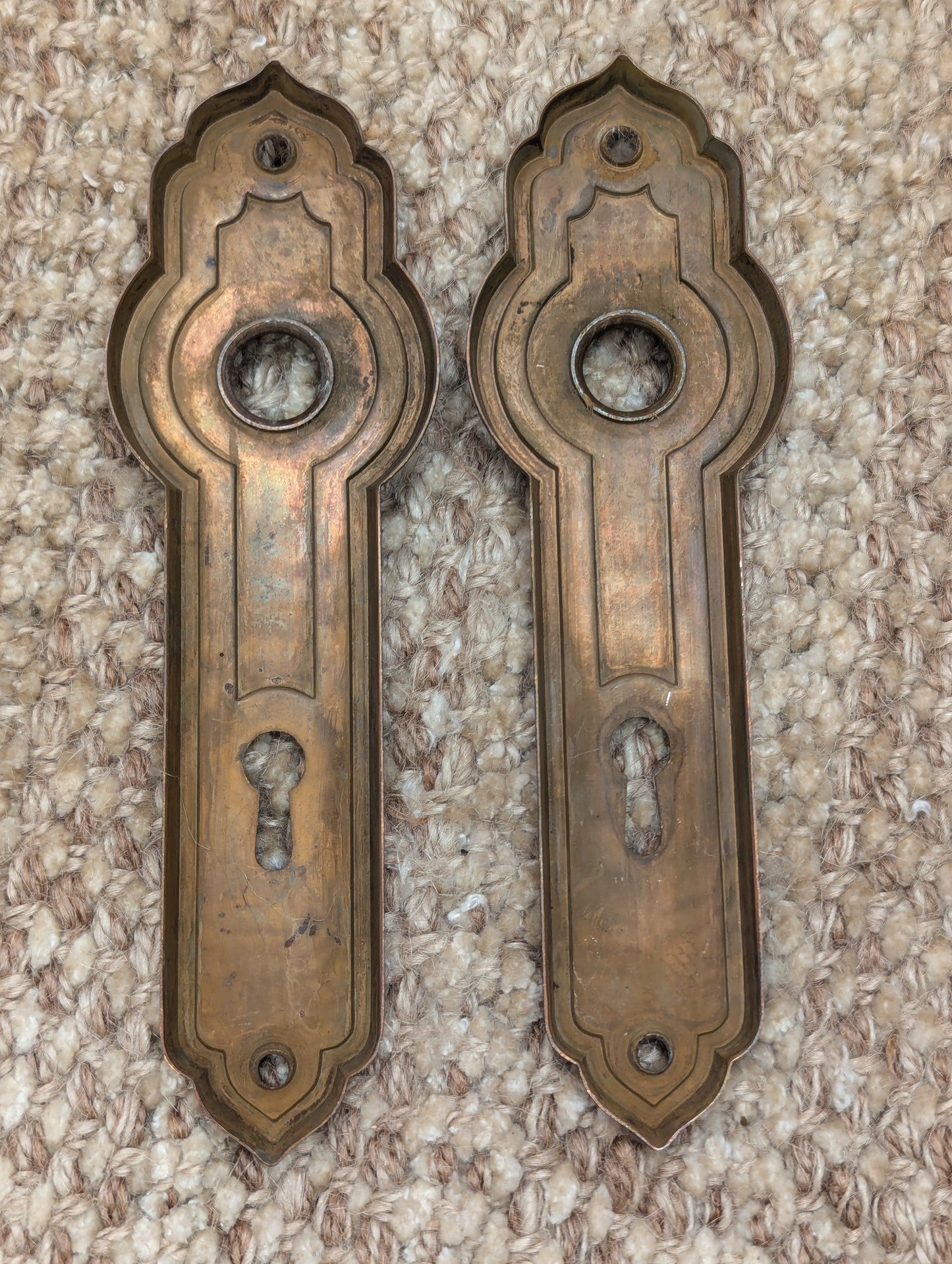 Pair Of Antique 1 13/16" x 6 1/16" Stamped Steel Door Knob Plate Hardware