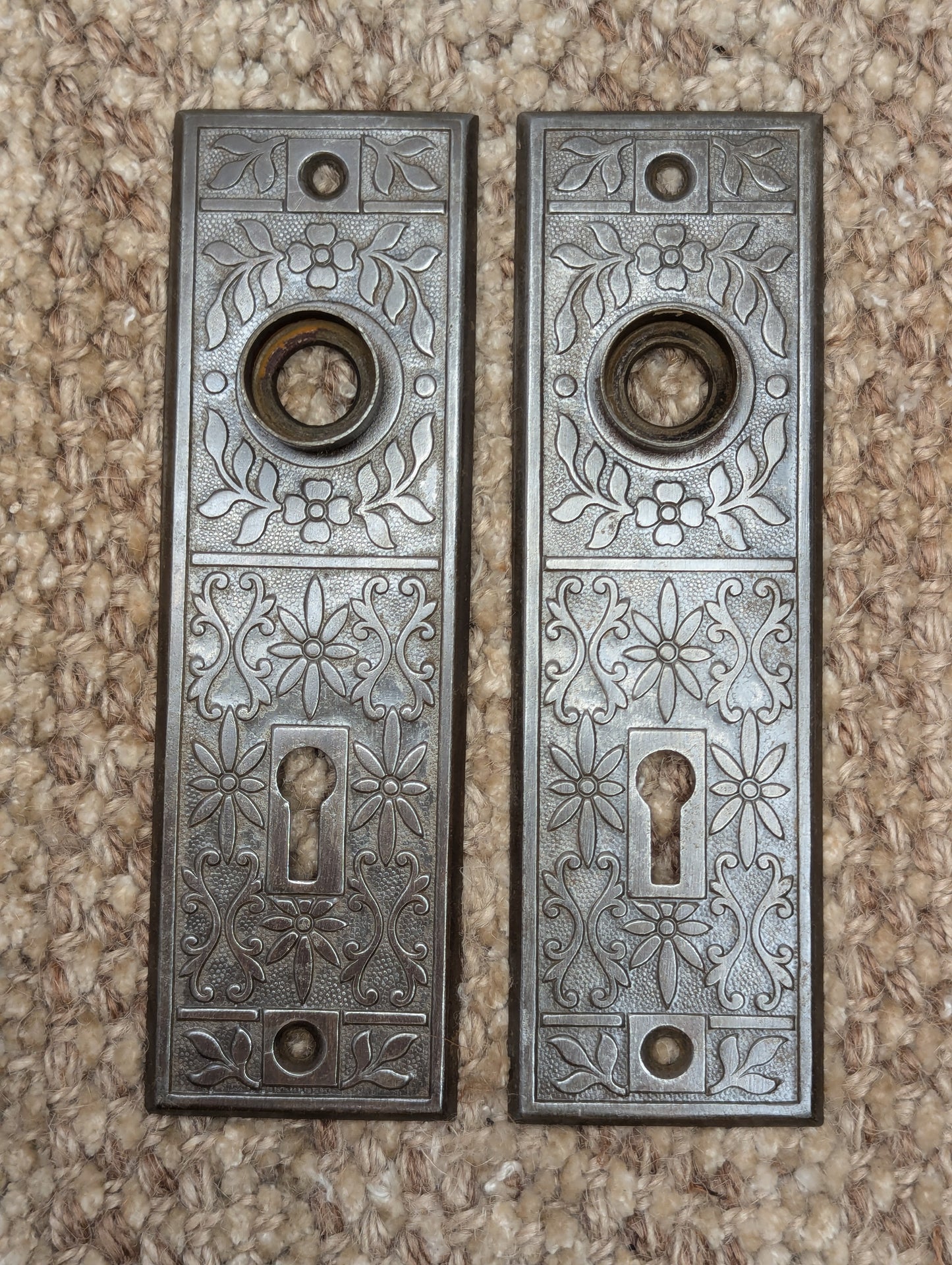 Pair Of Antique Lockwood "Halfa" Stamped Steel Door Knob Plate Hardware Circa 1897