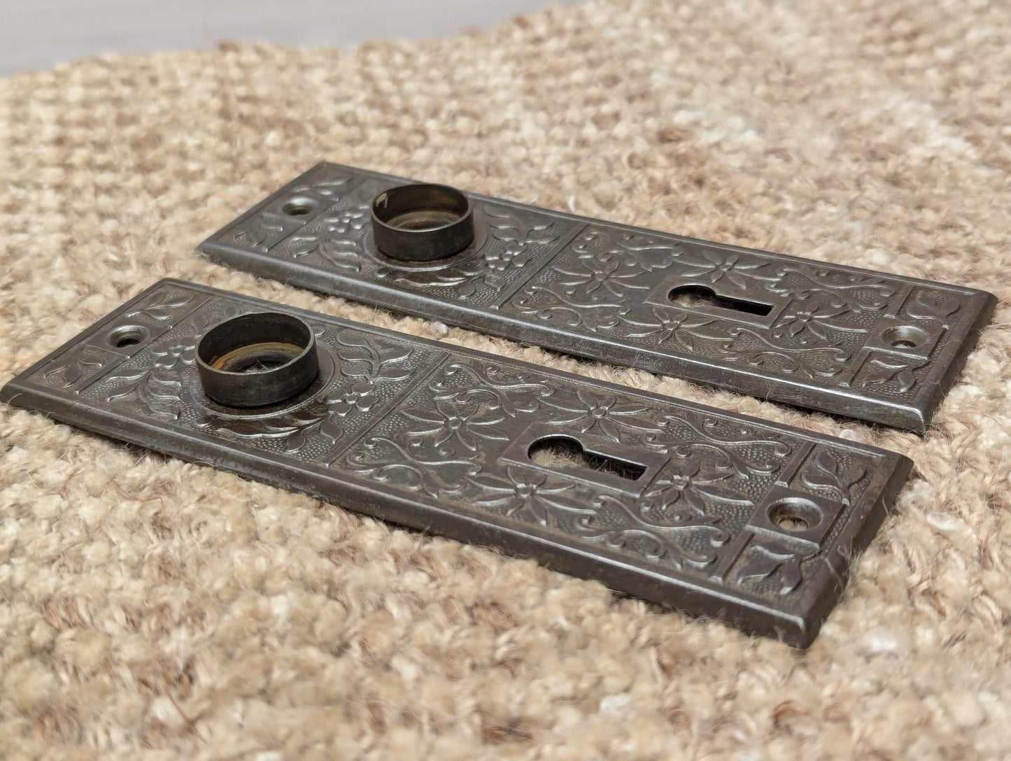 Pair Of Antique Lockwood "Halfa" Stamped Steel Door Knob Plate Hardware Circa 1897