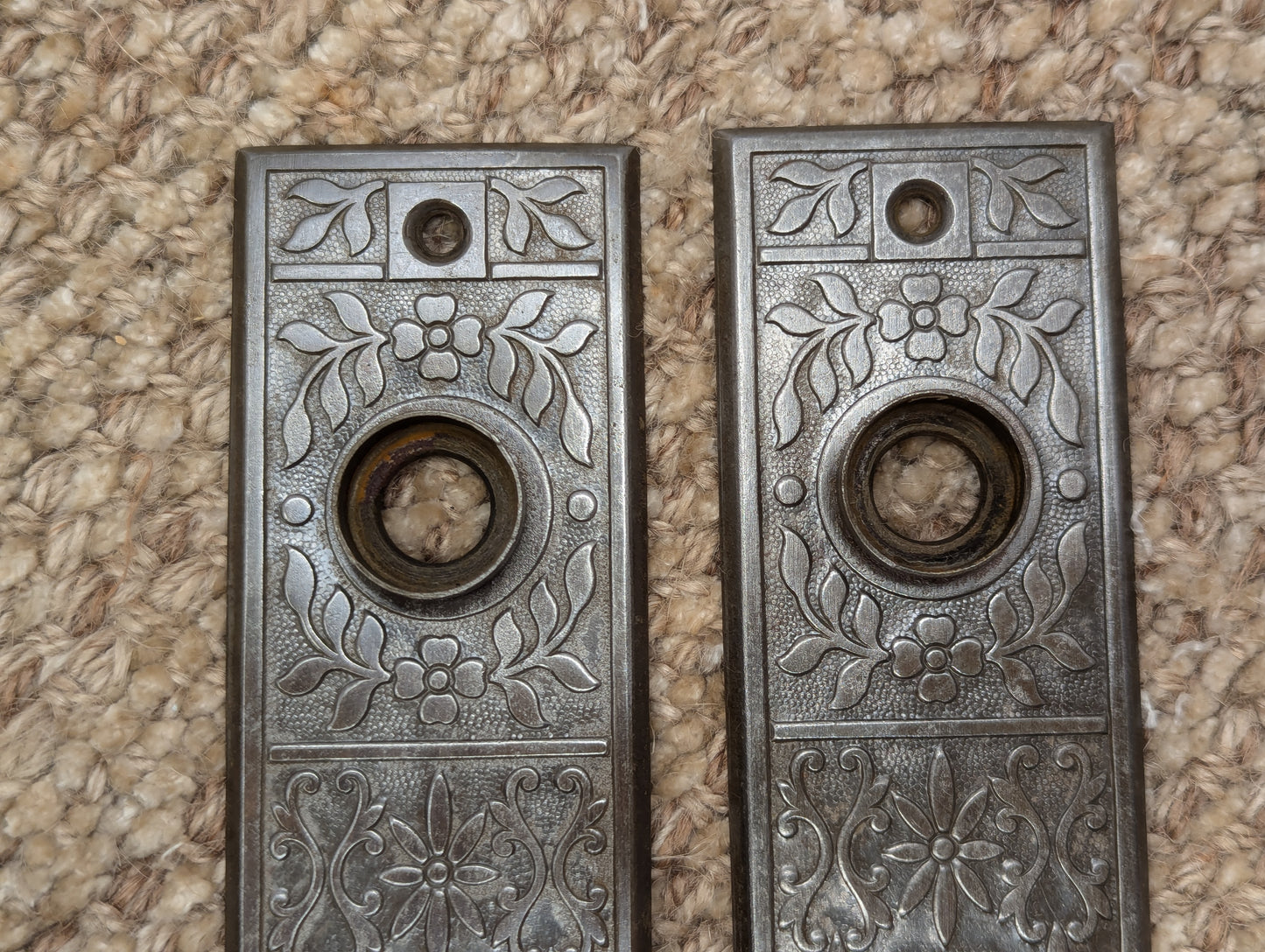 Pair Of Antique Lockwood "Halfa" Stamped Steel Door Knob Plate Hardware Circa 1897