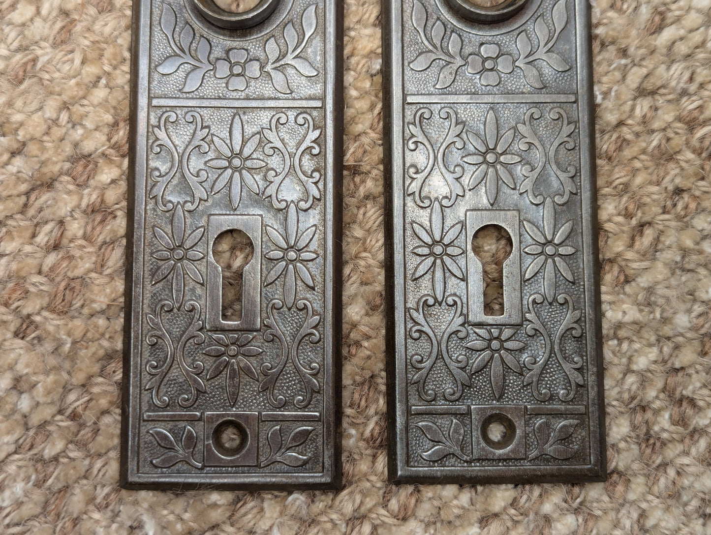 Pair Of Antique Lockwood "Halfa" Stamped Steel Door Knob Plate Hardware Circa 1897