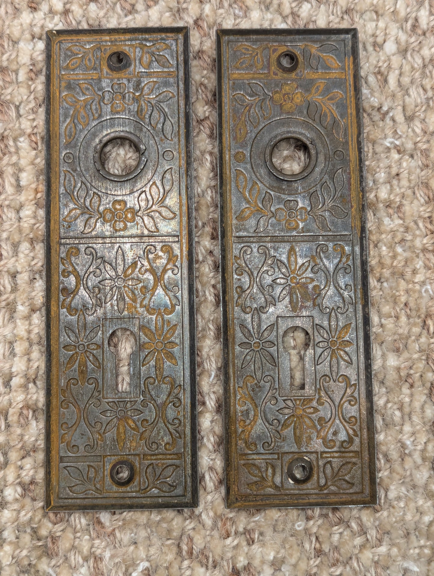 Pair Of Antique Lockwood "Halfa" Stamped Steel Door Knob Plate Hardware Circa 1897