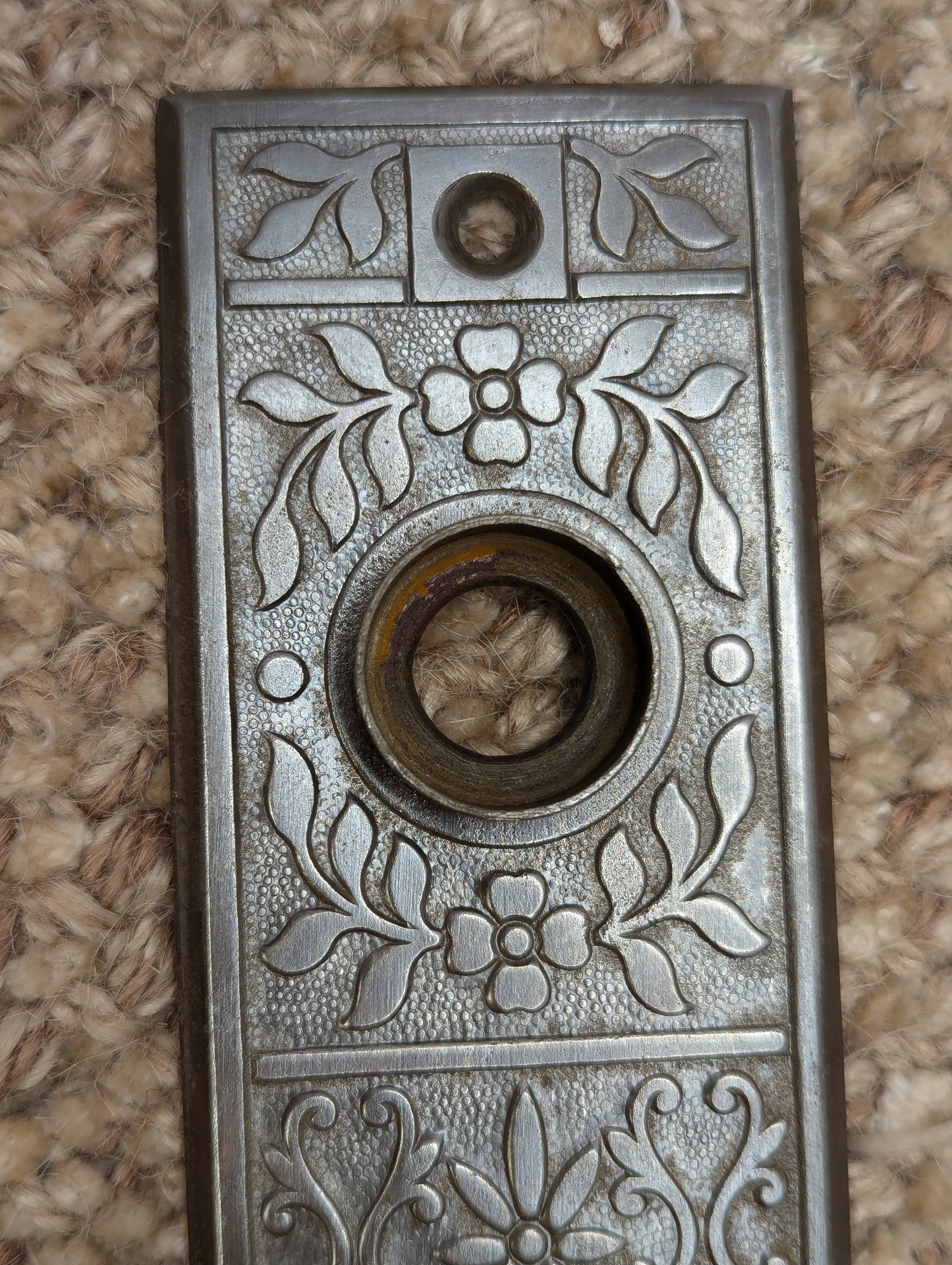 Pair Of Antique Lockwood "Halfa" Stamped Steel Door Knob Plate Hardware Circa 1897