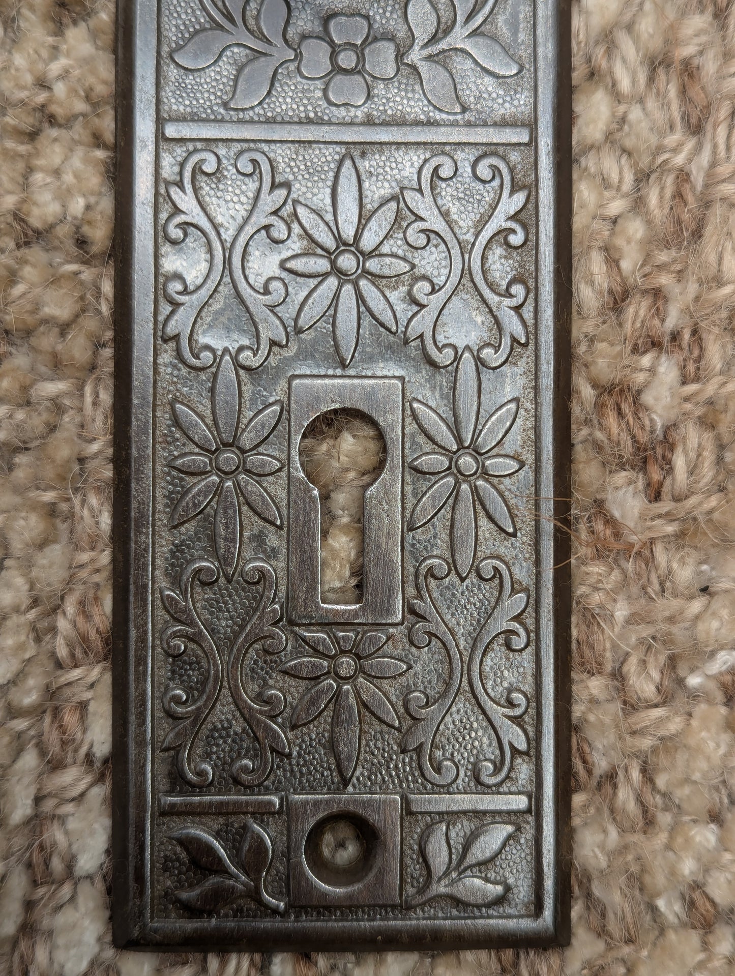 Pair Of Antique Lockwood "Halfa" Stamped Steel Door Knob Plate Hardware Circa 1897