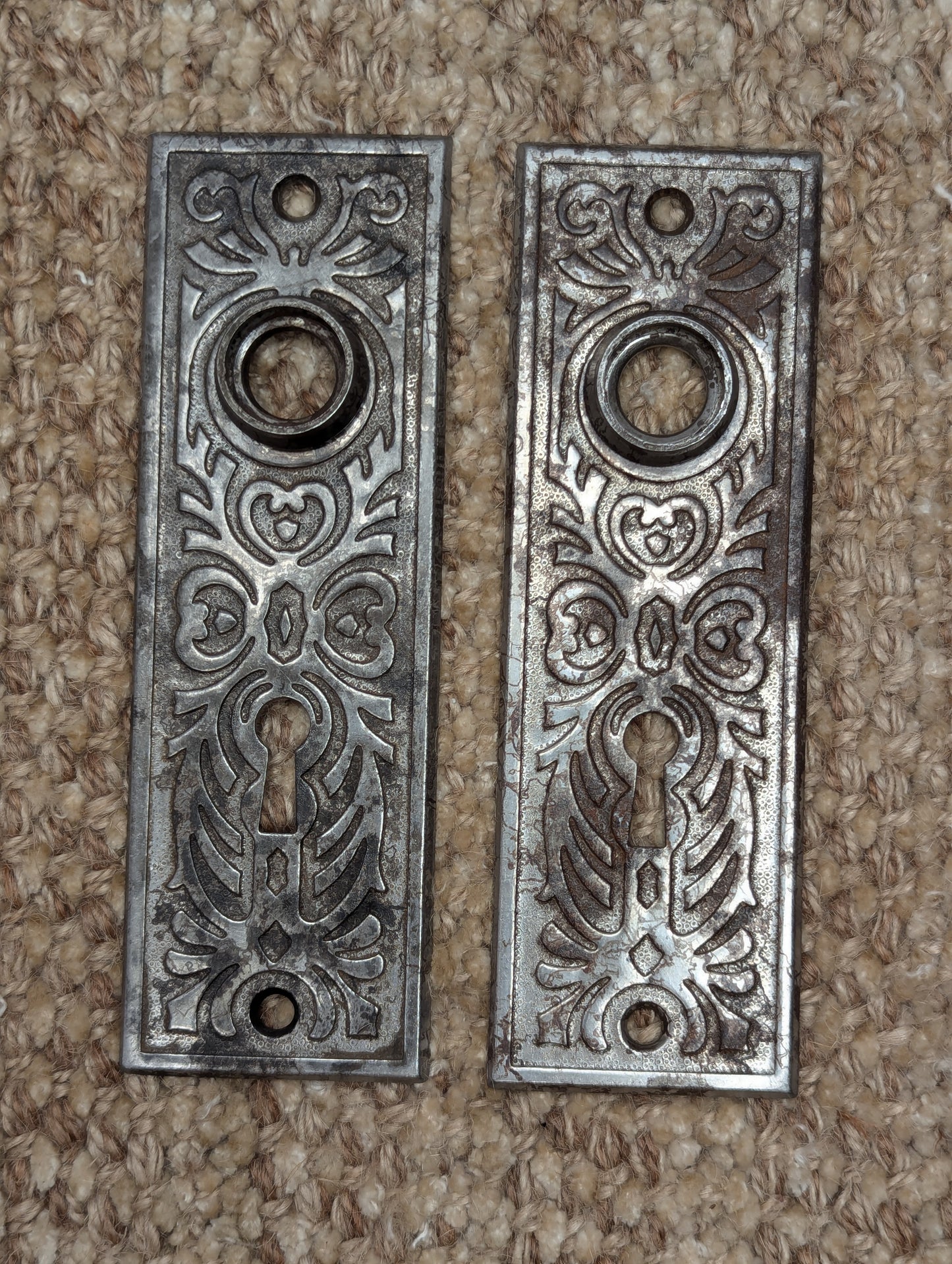 Pair Of Antique Yale & Towne "Florian" Steel Door Knob Plate Hardware Circa 1900