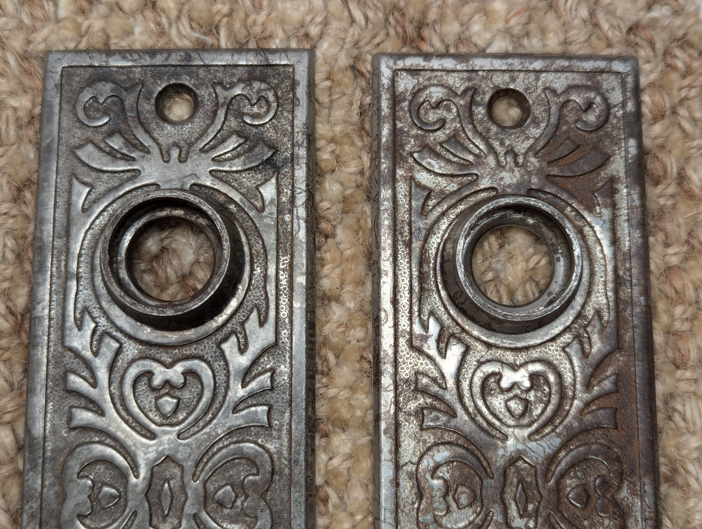 Pair Of Antique Yale & Towne "Florian" Steel Door Knob Plate Hardware Circa 1900