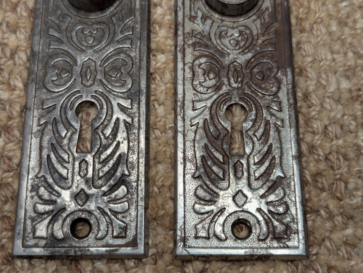 Pair Of Antique Yale & Towne "Florian" Steel Door Knob Plate Hardware Circa 1900