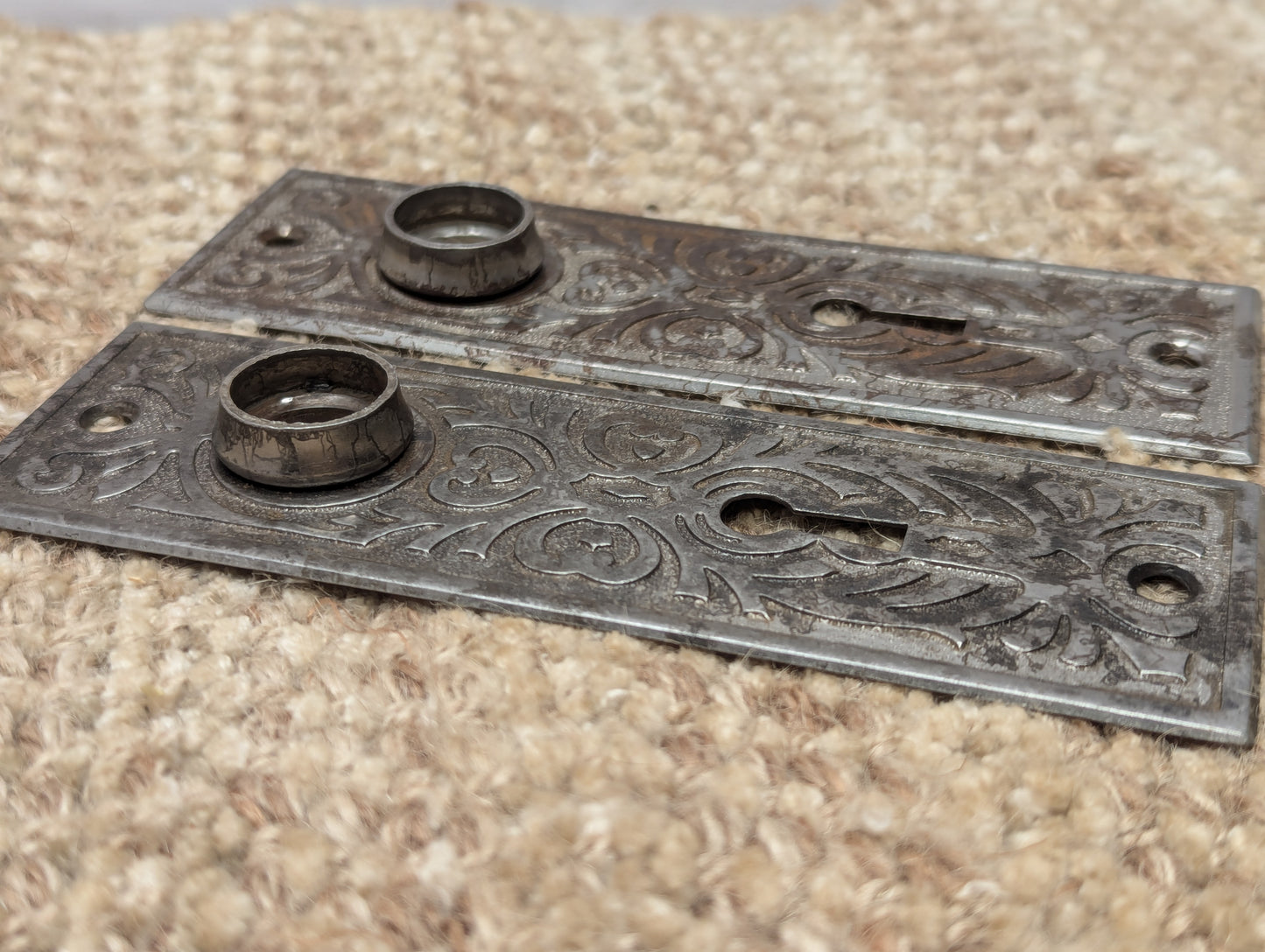 Pair Of Antique Yale & Towne "Florian" Steel Door Knob Plate Hardware Circa 1900