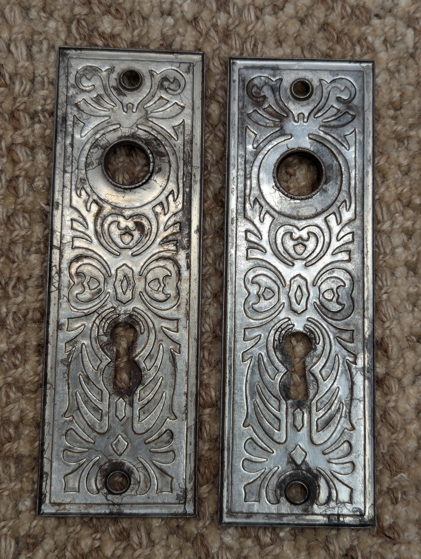 Pair Of Antique Yale & Towne "Florian" Steel Door Knob Plate Hardware Circa 1900