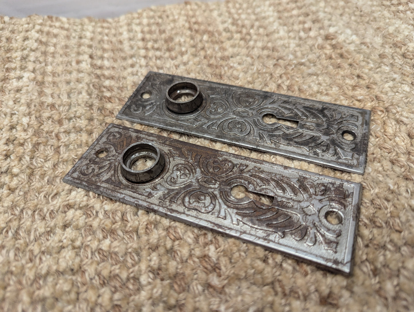 Pair Of Antique Yale & Towne "Florian" Steel Door Knob Plate Hardware Circa 1900