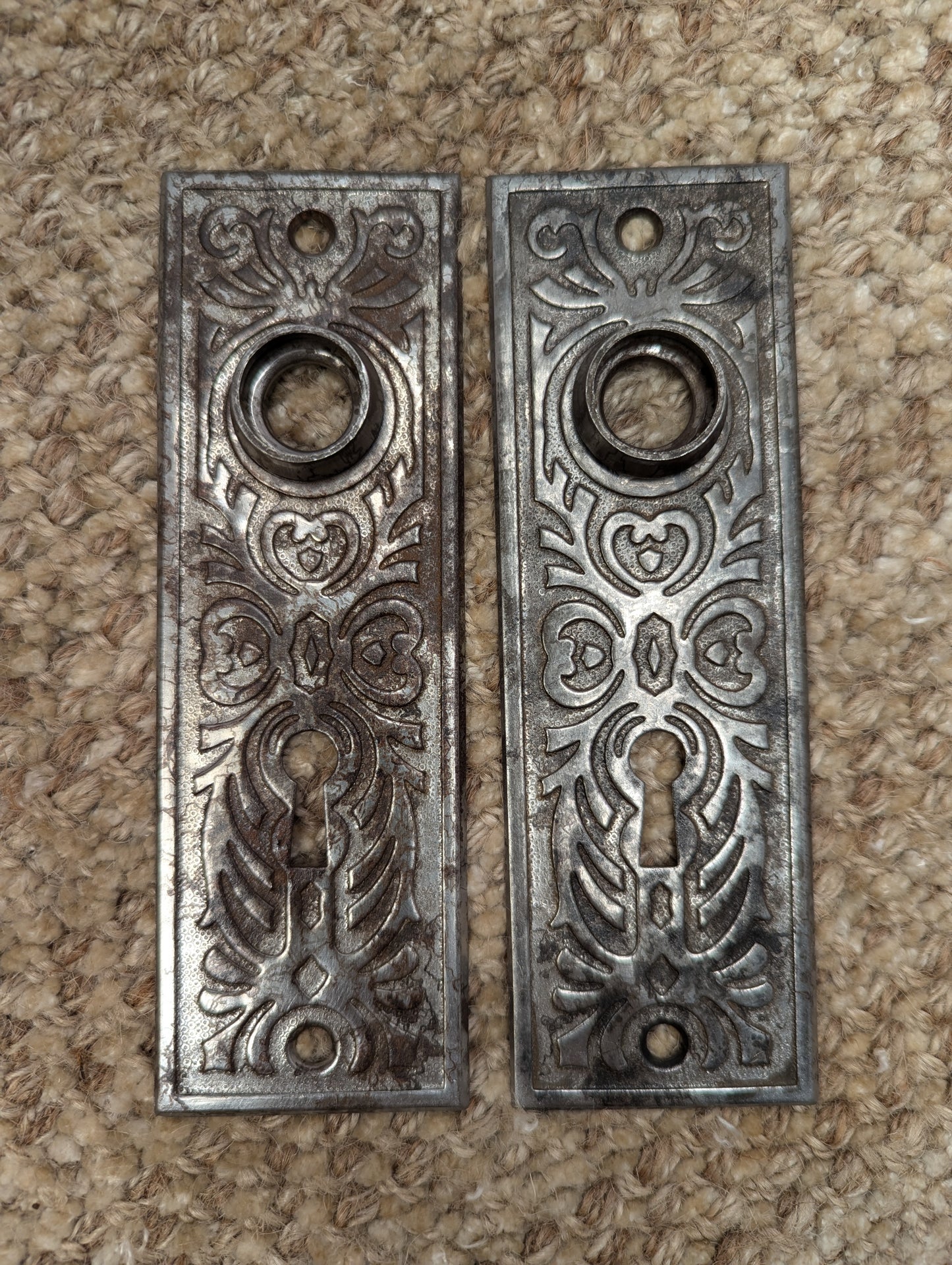 Pair Of Antique Yale & Towne "Florian" Steel Door Knob Plate Hardware Circa 1900